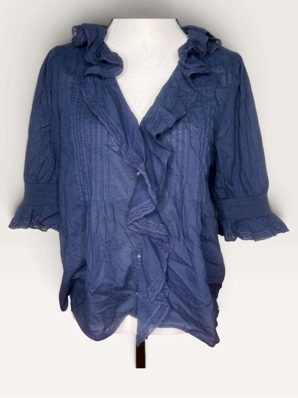 Sundance blue romantic ruffle button down blouse